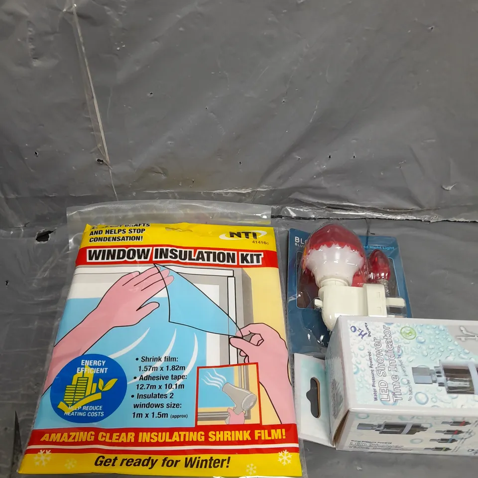 APROXIMATELY 8 ASSORTED HOUSEHOLD ITEMS TO INCLUDE WINDOW INSULATION KIT , SHOWER TIME INDICATOR , RED NIGHT LIGHT , ETC 