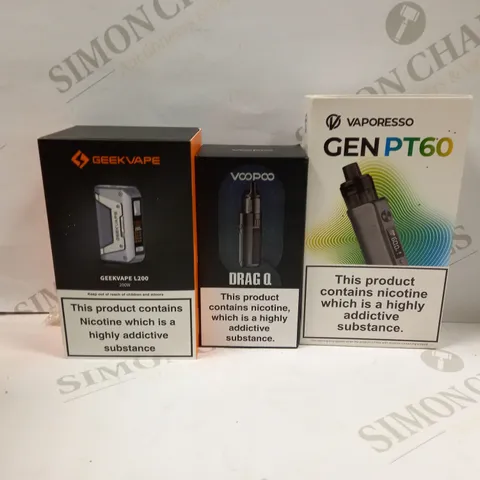 BOX OF APPROXMATELY 30 E-CIGARETTES AND LIQUIDS TO INCLUDE VAPORESSO GEN PT60, VOOPOO DRAG Q, GEEKVAPE L200 200W, ETC