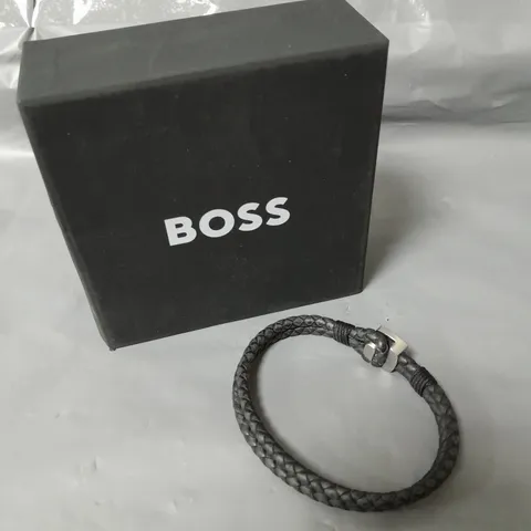 BOSS SEAL BRAIDED BLACK LEATHER BAND WITH LOGO STAINLESS STEEL CLASP
