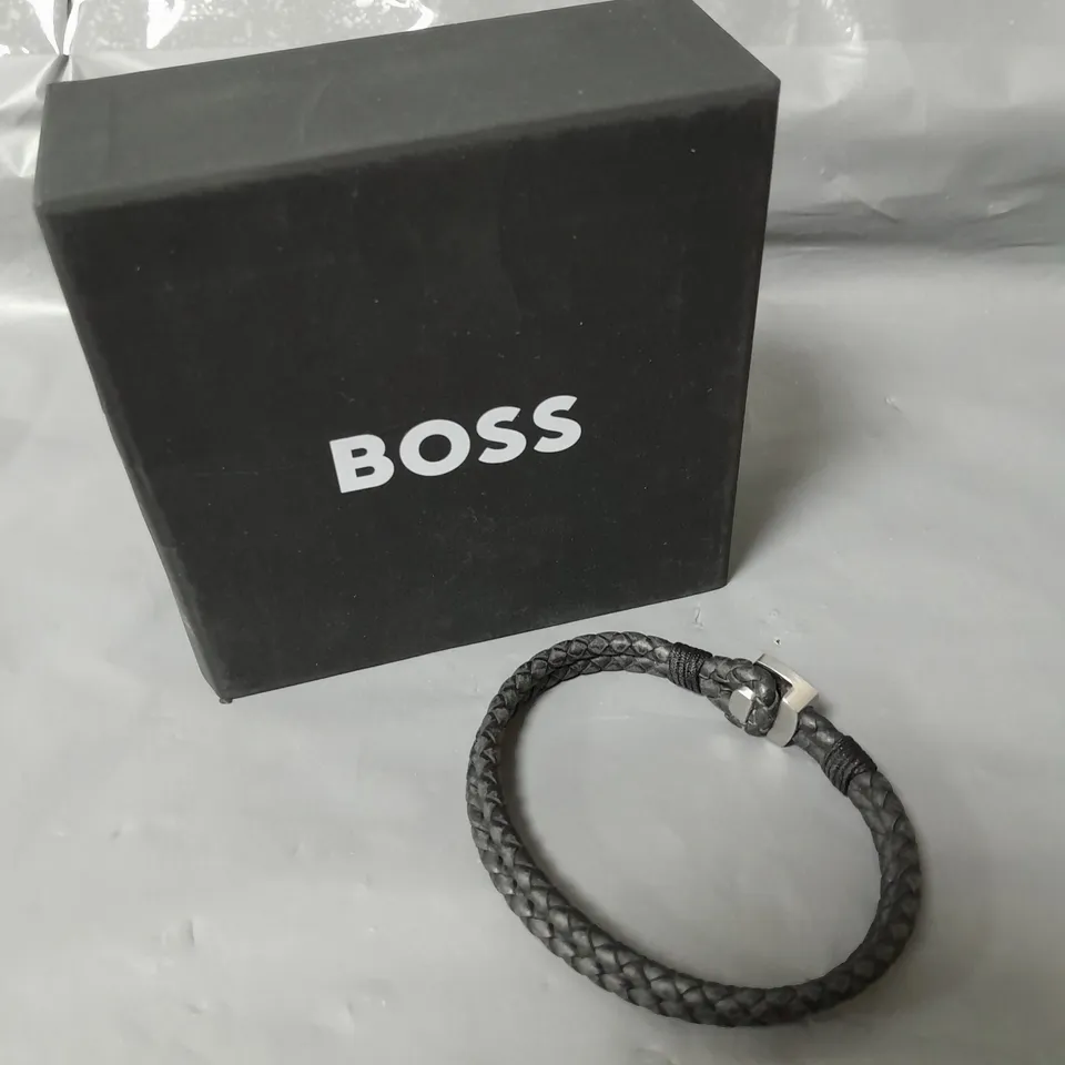 BOSS SEAL BRAIDED BLACK LEATHER BAND WITH LOGO STAINLESS STEEL CLASP RRP £59.99