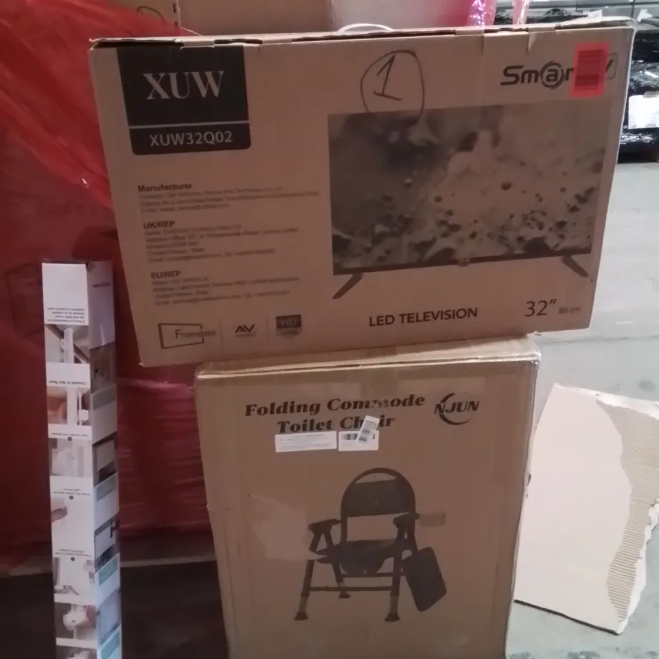 PALLET OF ASSORTED HOUSEHOLD GOODS AND PRODUCTS TO INCLUDE;LED TV,TOILET CHAIR,RETRACTABLE SAFETY GATE