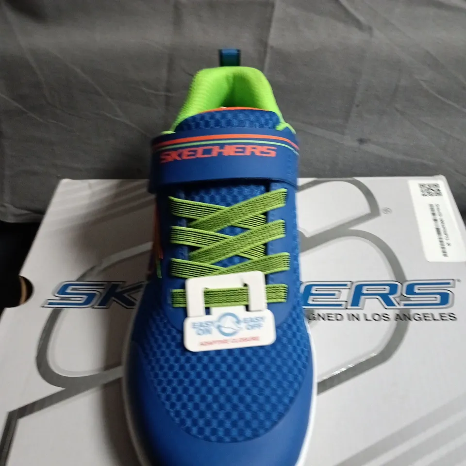 BOXED PAIR OF SKECHERS KIDS' TRAINERS – BLUE & NEON GREEN, VELCRO STRAP - UK SIZE2