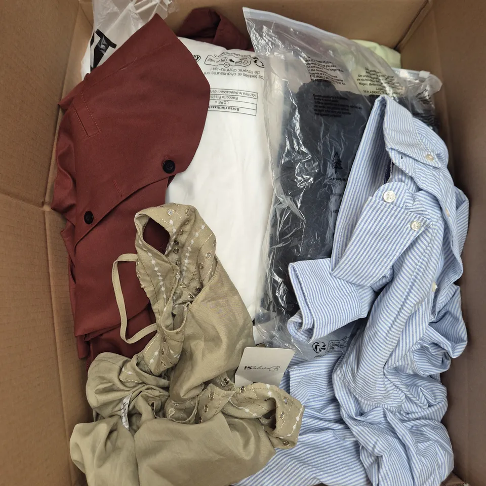 LARGE BOX OF APPROXIMATELY 25 ASSORTED CLOTHING ITEMS IN VARIOUS COLOURS, STYLES AND SIZES - COLLECTION ONLY