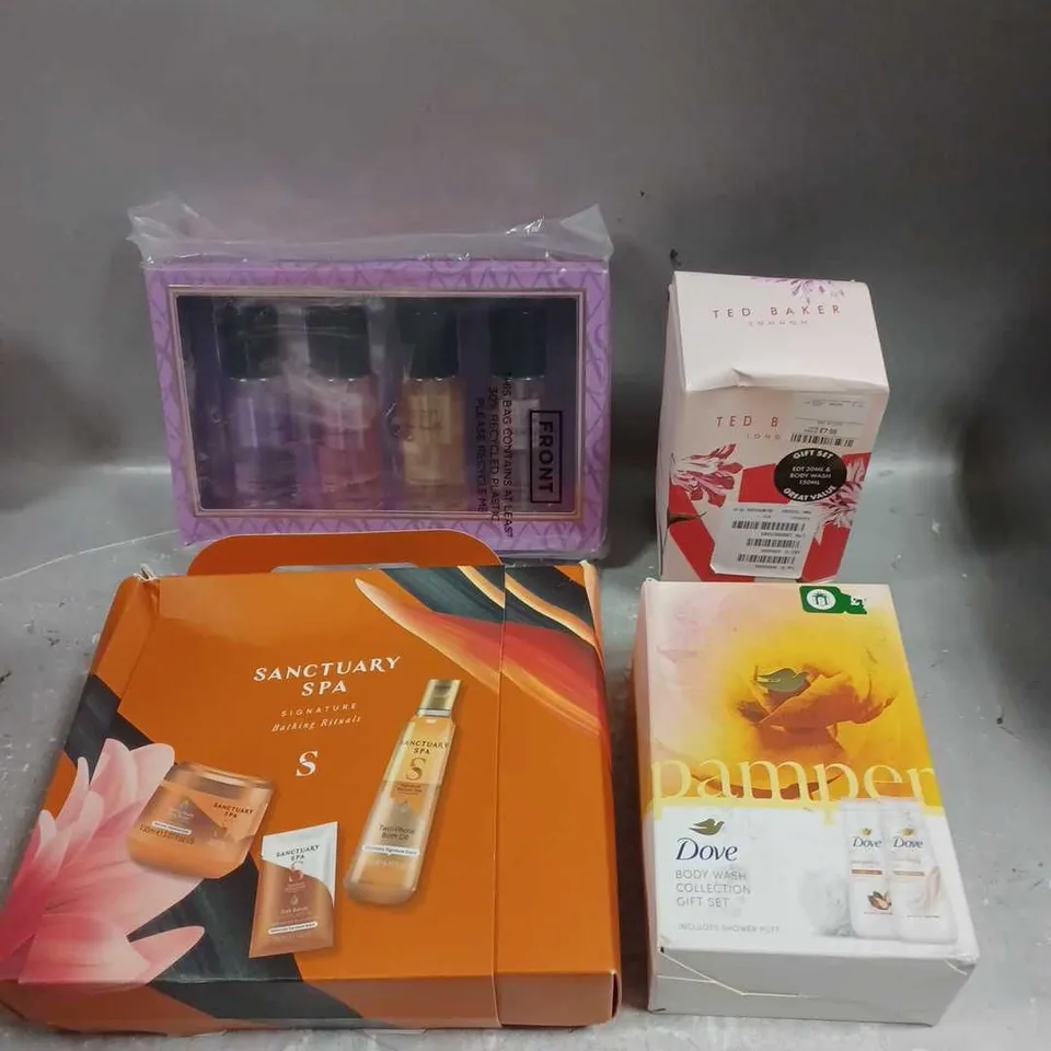 LOT OF 4 ASSORTED COSMETIC BOXSETS TO INCLUDE - TED BAKER EAU DE TOILETTE GIFT SET - DOVE BODY WASH COLLECTION - SANCTUARY SPA SIGNATURE BATHING RITUALS - ETC