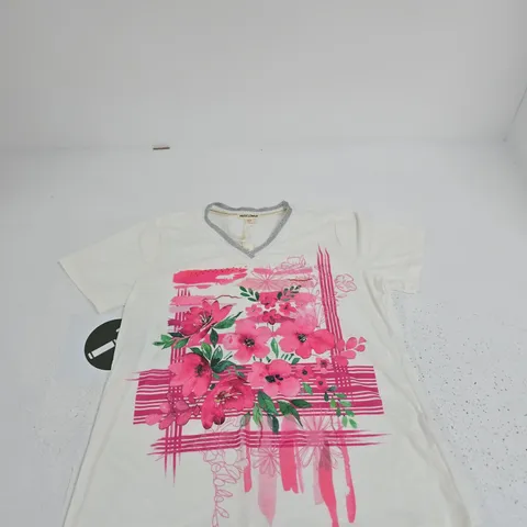 MUDFLOWER WOMEN'S FLORAL PRINT T-SHIRT β UK 10 (EU 38) WITH METALLIC NECKLINE TRIM