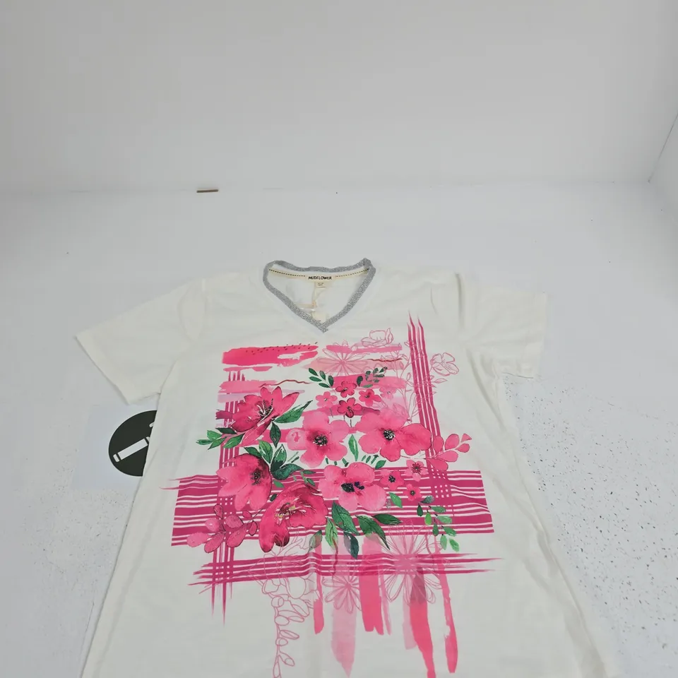 MUDFLOWER WOMEN'S FLORAL PRINT T-SHIRT – UK 10 (EU 38) WITH METALLIC NECKLINE TRIM