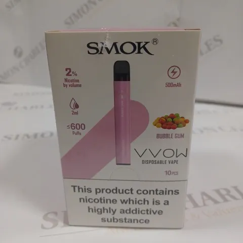 SEALED SMOK VVOW 10-PACK OF DISPOSABLE VAPES - BUBBLE GUM