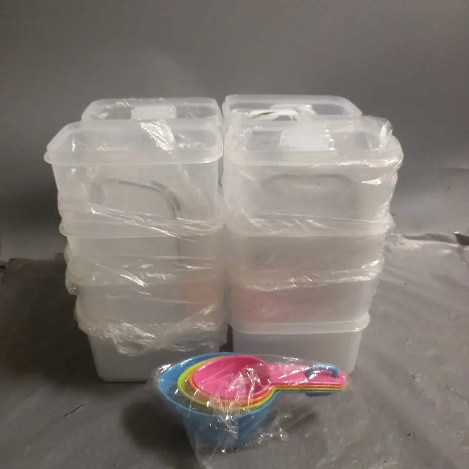 APPROXIMATELY 16 FOOD STORAGE CONTAINERS WITH LIDS AND MEASURING SPOONS