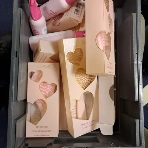 BOX OF LULLA BELLZ PRODUCTS TO INCLUDE BACK BRUSH, PADDLE BRUSH, HAIR SPRAY ETC