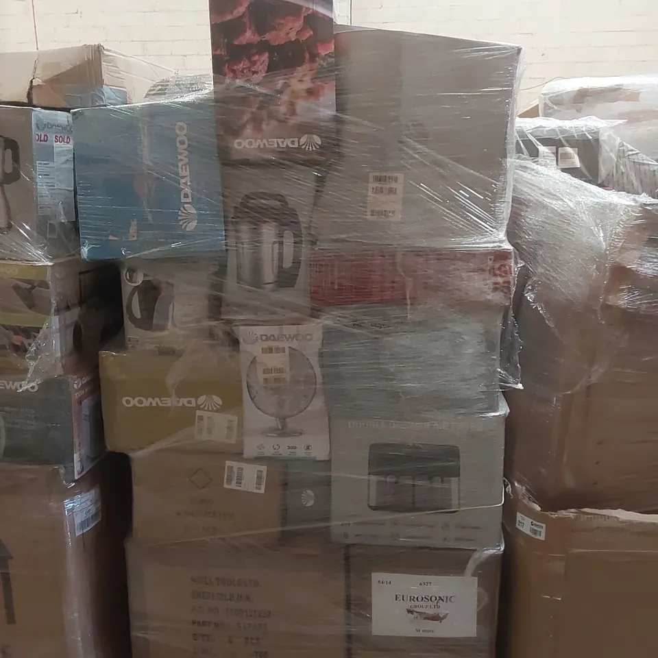 PALLET CONTAINING A VERY LARGE QUANTITY OF ASSORTED ELECTRIC ITEMS INCLUDING: DAEWOO KETTLES, AIR FRYER, FAN ECT