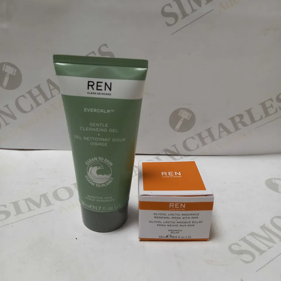 LOT OF 2 REN PRODUCTS TO INCLUDE EVERCALM GENTLE CLEANSING GEL 50ML & GLYCOL LACTIC RADIANCE RENEWAL MASK 15ML
