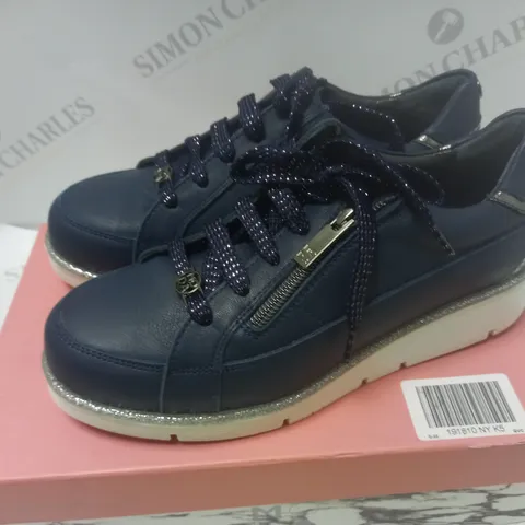 BOXED GENE NAVY LEATHER WEDGE TRAINERS - SIZE 38