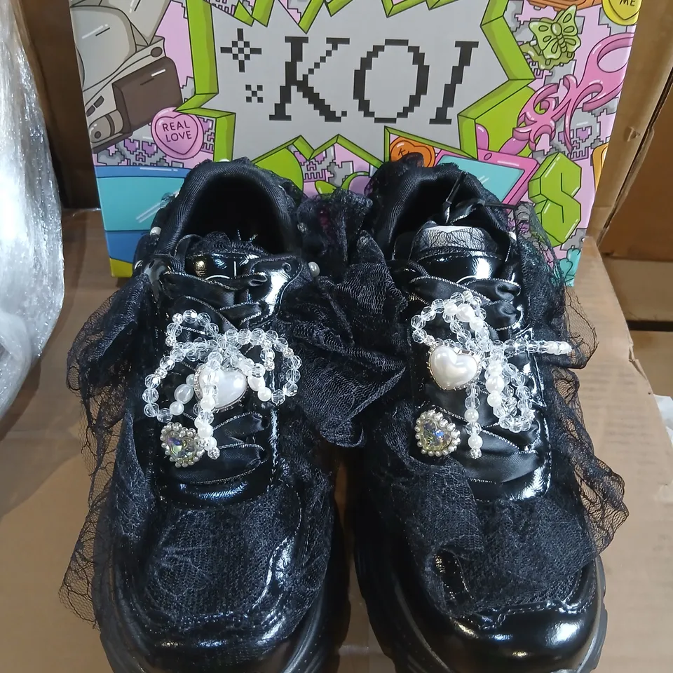 KOI BLACK PLATFORM SHOES FOR GIRLS – TULLE OVERLAY, PEARL EMBELLISHMENTS, UK SIZE 6 (BOXED)