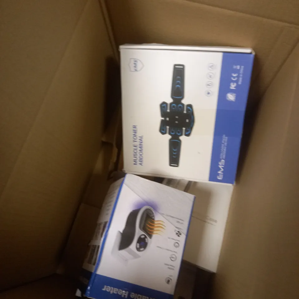 BOX OF APPROXIMATELY 5 ASSORTED ITEMS TO INCLUDE MUSCLE TONER, LED RING LIGHT, PORTABLE HEATER ETC