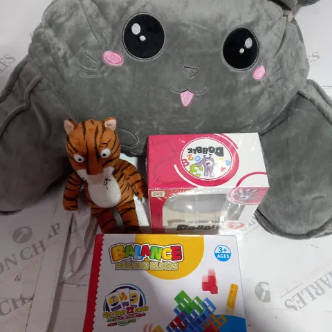 LOT OF ASSORTED TOYS TO INCLUDE - BACK TEDDY - TIGER TEDDY - DOBBLE - BALANCE BUILDING BLOCKS