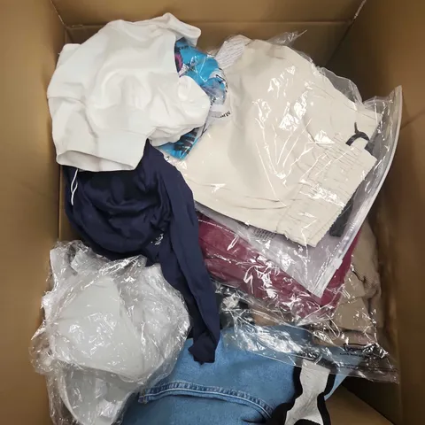 LARGE BOX OF APPROXIMATELY 20 ASSORTED CLOTHING ITEMS IN VARIOUS SIZES, STYLES AND COLOUR