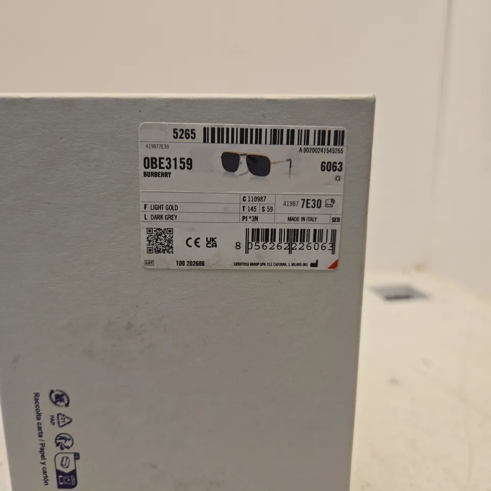 BURBERRY SUNGLASSES – GOLD FRAME, DARK LENSES BOXED