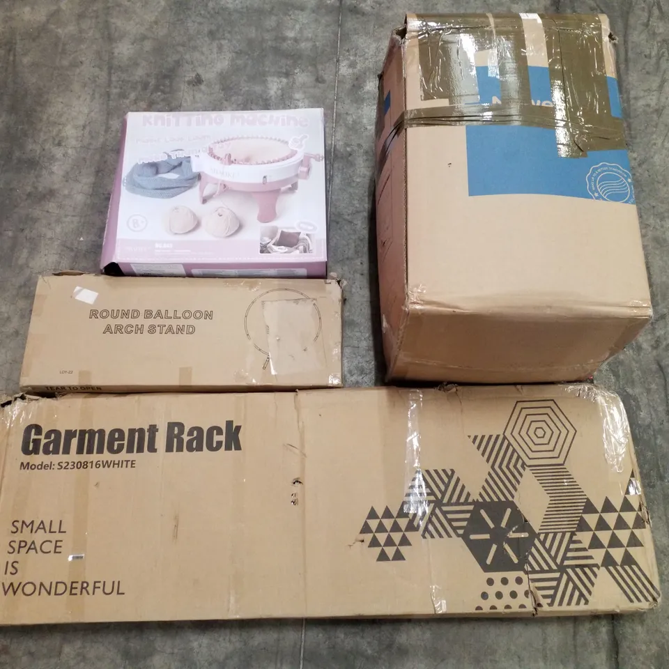 PALLET OF ASSORTED PRODUCTS INCLUDING KNITTING MACHINE, GARMENT RACK, ROUND BALLOON ARCH STAND, MATTRESS TOPPER