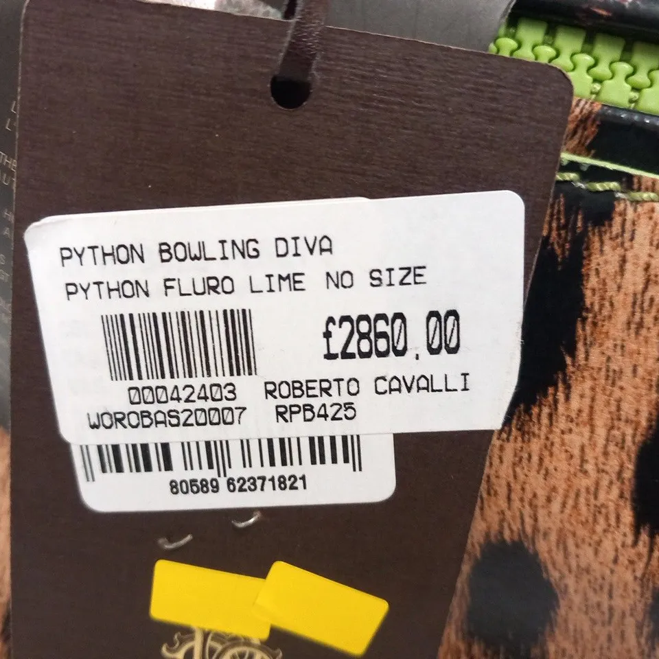 ROBERTO CAVALLI LEOPARD AND FLURO LIME BOWLING DIVA BAG