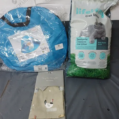 APPROXIMATELY 20 ASSORTED HOUSEHOLD ITEMS TO INCLUDE BABY POOL, TEA TOWELS AND CAT LITTER