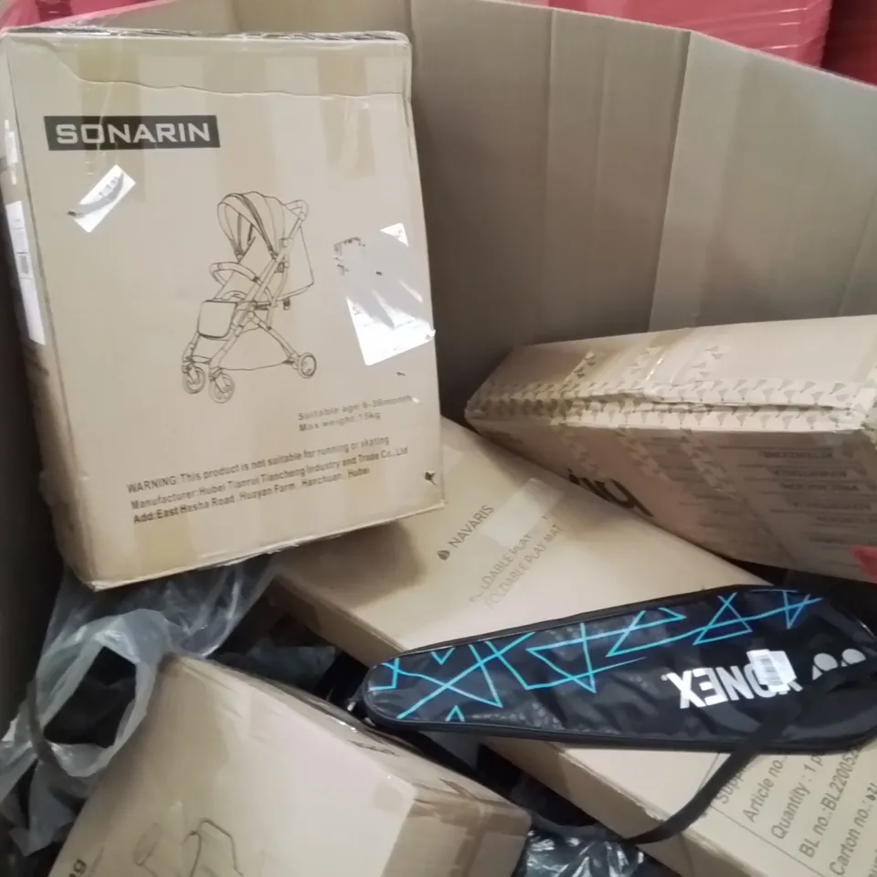 PALLET CONTAINING VARIOUS ASSORTED BOXED HOUSEHOLD ITEMS TO INCLUDE: FOOD PROCESSOR, BADMINTON RACKET, BABY PUSHCHAIR, PLAY MAT AND LOTS MORE UNMARKED BOXED ITEMS 