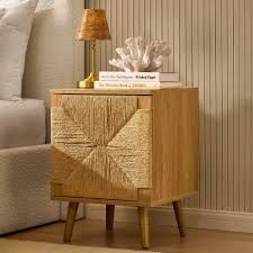 BOXED DUSK LOTTIE WOVEN BEDSIDE TABLE WITH DOOR - LIGHT WOOD