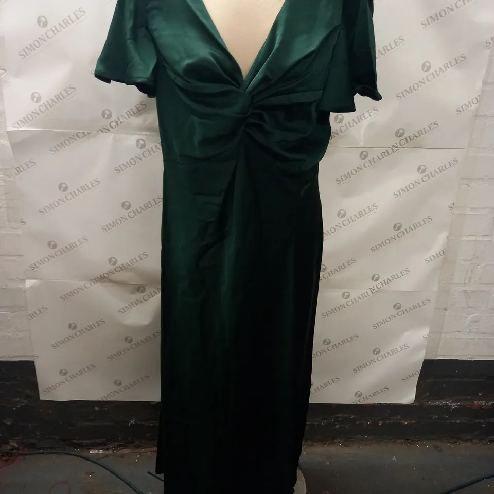 OASIS SATIN TWIST FRONT ANGEL SLEEVE MIDI DRESS IN GREEN - 16