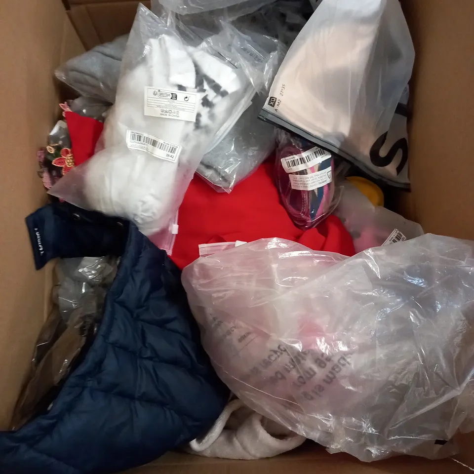 BOX OF ASSORTED CLOTHING ITEMS TOO INCLUDE JUMPERS, SHIRTS AND TROUSERS IN VARIOUS SIZES AND COLOURS   