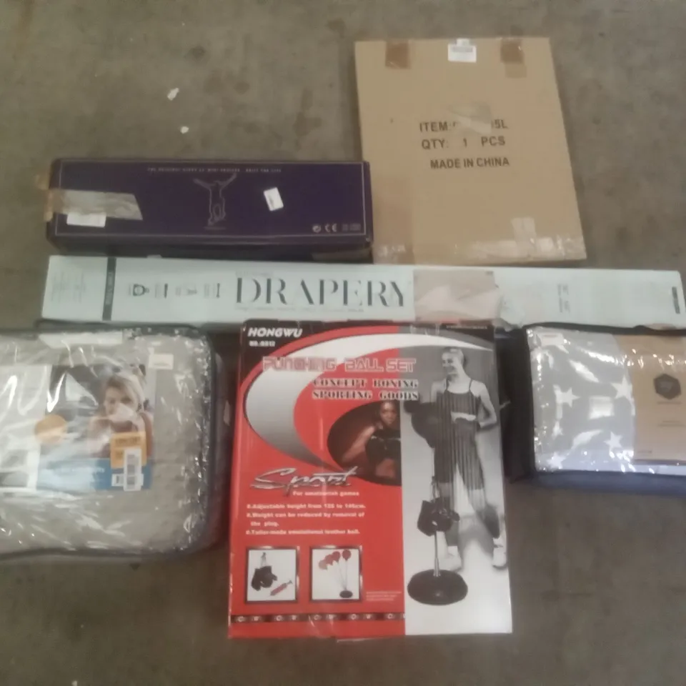 PALLET OF ASSORTED ITEMS INCLUDING EXTENDABLE DRAPERY ROD, PUNCHING BALL SET, QUILITY WEIGHTED BLANKET, PREGNANCY PILLOW, TABLETOP WINE GLASS RACK, RIDGE 22" MINI CRUISER 