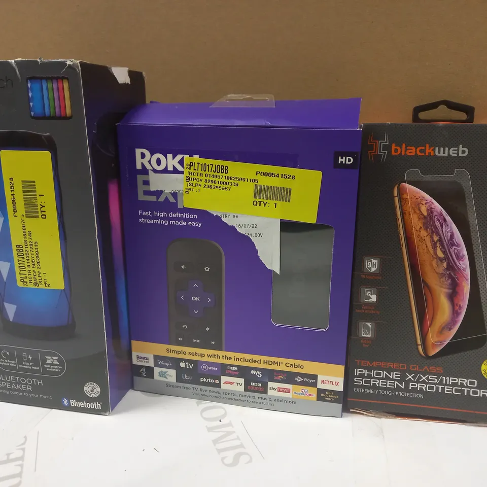BOX OF APPROXIMATELY 12 ASSORTED HOUSEHOLD ITEMS TO INCLUDE ASDA TECH BLUETOOTH SPEAKER, ROKU EXPRESS STREAMING SETUP, BLACKWEB SCREEN PROTECTOR, ETC