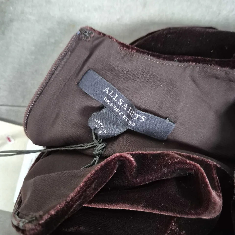 ALL SAINTS ERIS RUCHED VELVET MINI DRESS IN RICH BROWN - UK 6