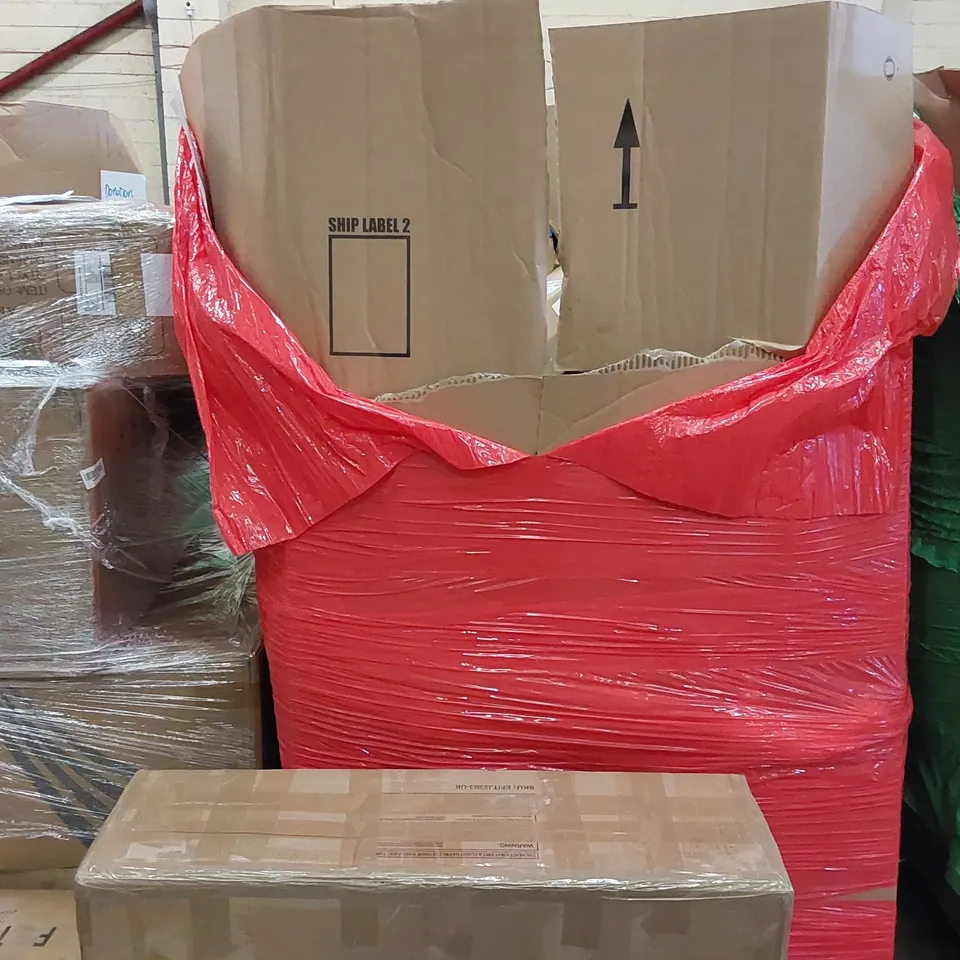 PALLET OF ASSORTED ITEMS INCLUDING: ELECTRIC FIREPLACE, LARGE RUG, PET STAIRS, WOMEN'S CLOTHING, YOGA MAT, TENT