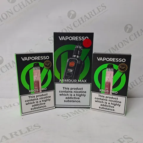 3 ASSORTED VAPORESSO VAPE KITS TO INCLUDE ARMOUR MAX