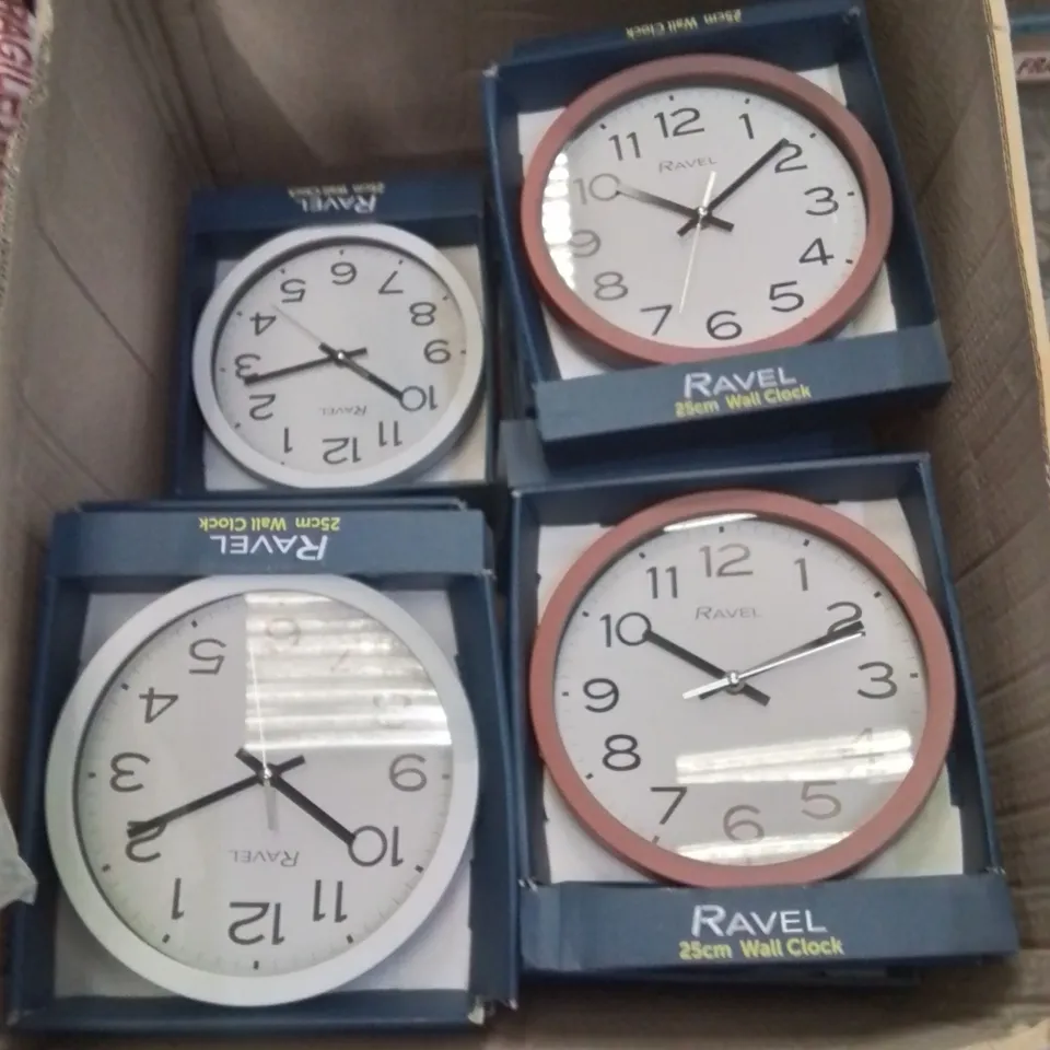 BOX CONTAINING LARGE AMOUNT OF NEW RAVEL WALL CLOCKS 
