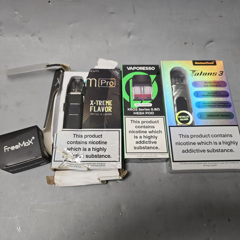 BOX OF APPROXIMATELY 15 ASSORTED E-CIGARETTES PRODUCTS TO INCLUDE - HORIZON TECH TALOONS 3 , VAPORESSO , FREE MAX ETC