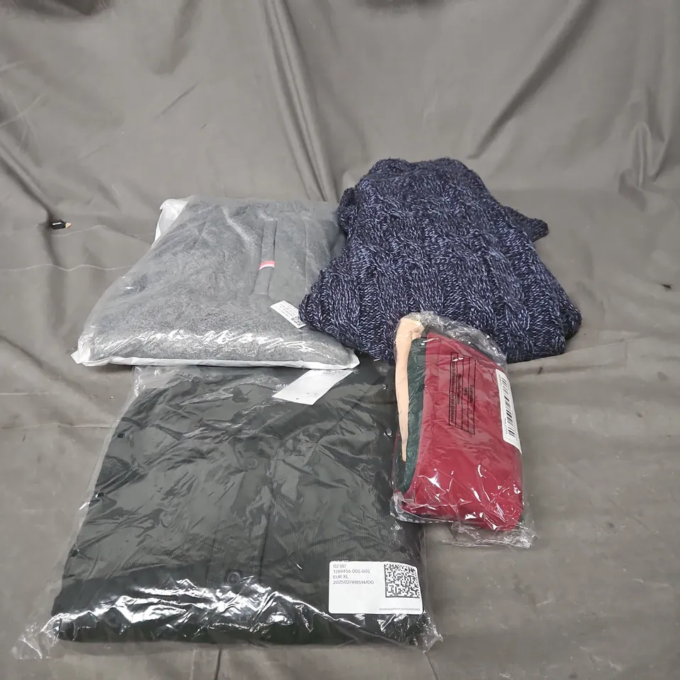 BOX OF APPROXIMATELY 25 ASSORTED CLOTHING ITEMS TO INCLUDE GREY JOGGING BOTTOMS, SOCKS, BLUE KNITTED JUMPER, GREEN CORDUROY SHIRT ETC