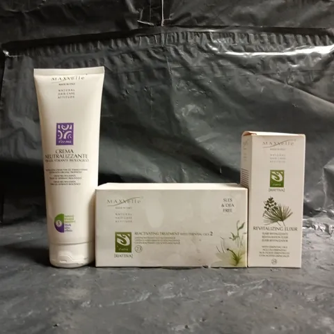 BOX OF APPROXIAMTELY 15 ASSORTED MAXXELLE COSMETIC ITEMS TO INCLUDE NEUTRALIZING CREAM, REVITALIZING ELIXIR, REACTIVATING TREATMENT, ETC