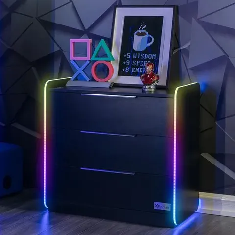 BOXED X ROCKER ELECTRA 3 DRAWER CHEST WITH LED LIGHTS - BLACK (2 BOXES)