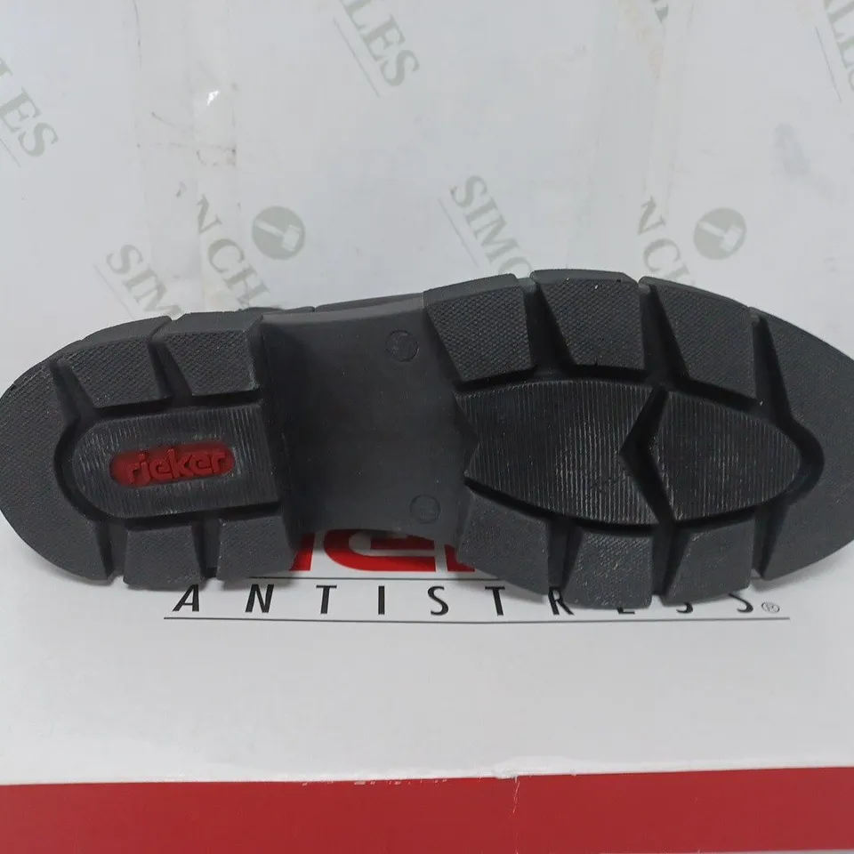 BOXED PAIR OF RIEKER CHUNKY ANKLE BOOTS IN BLACK - SIZE 6