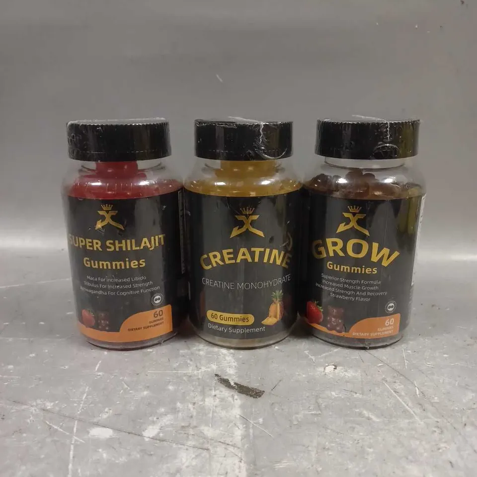 J CLARKE SPORTS NUTRITION LOT OF 3 ASSORTED SEALED DIETARY SUPPLEMENT GUMMIES TO INCLUDE - SUPER SHILAJIT - GROW - CREATINE MONOHYDRATE