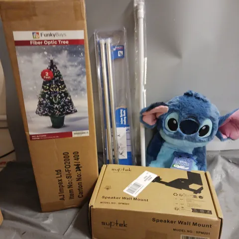 ASSORTED HOUSEHOLD ITEMS TO INCLUDE STITCH HOT WATER BOTTLE, SPEAKER WALL MOUNT, FIBER OPTIC TREE, ETC 