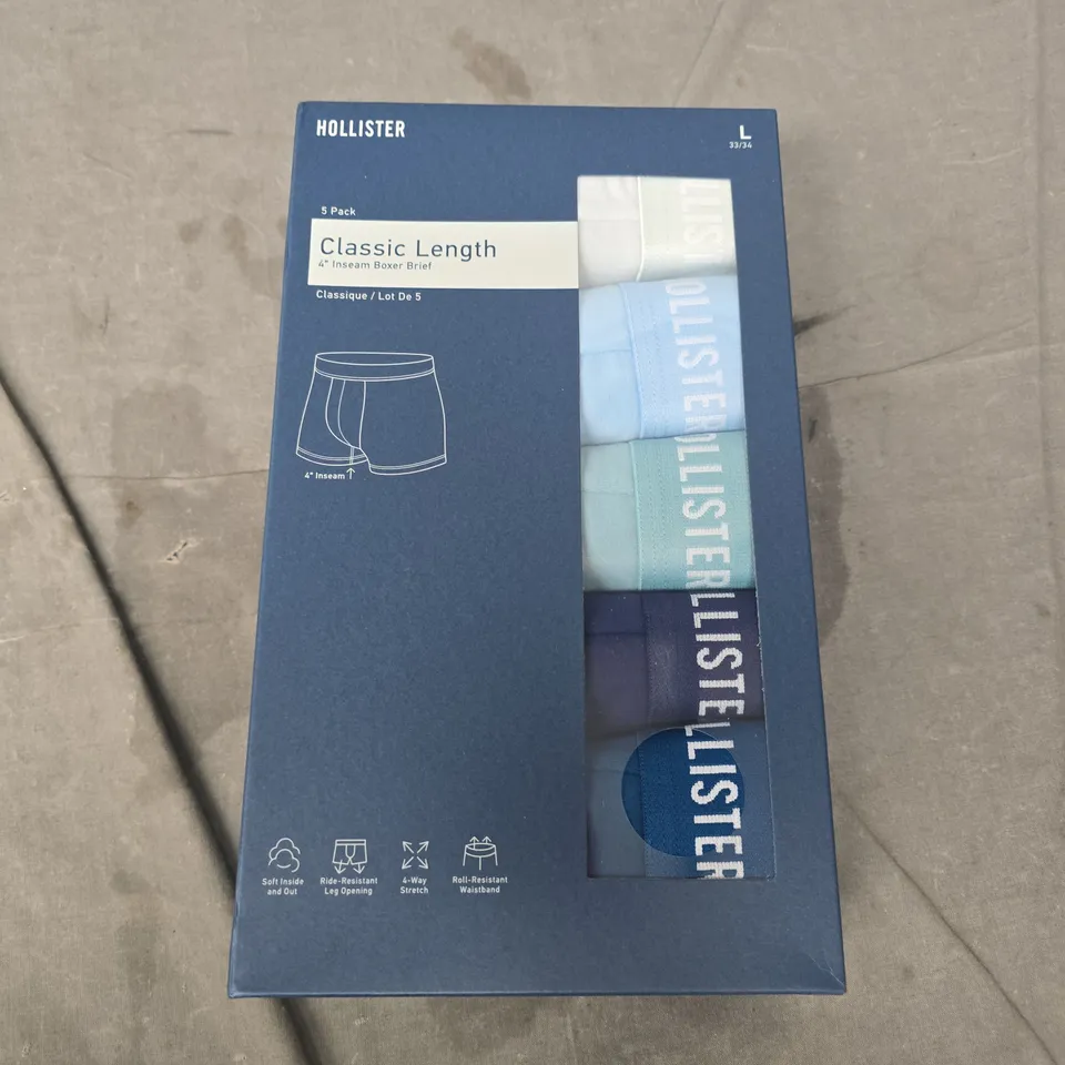 BOXED HOLLISTER 5 PACK OF CLASSIC LENGTH 4" INSEAM BOXER BRIEFS - LARGE