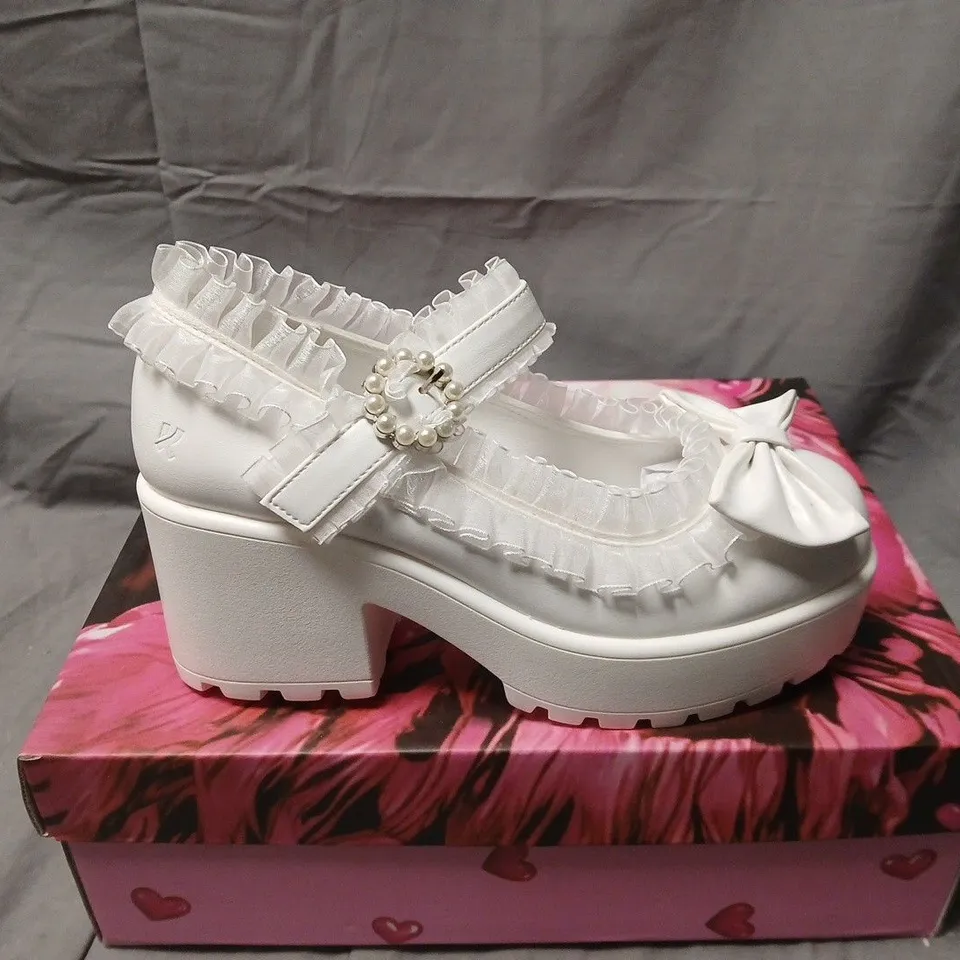 BOXED PAIR OF KOI TIRA RUFFLE MARY JANES PORCELAIN DELIGHTS EDITION IN WHITE SIZE UK 4