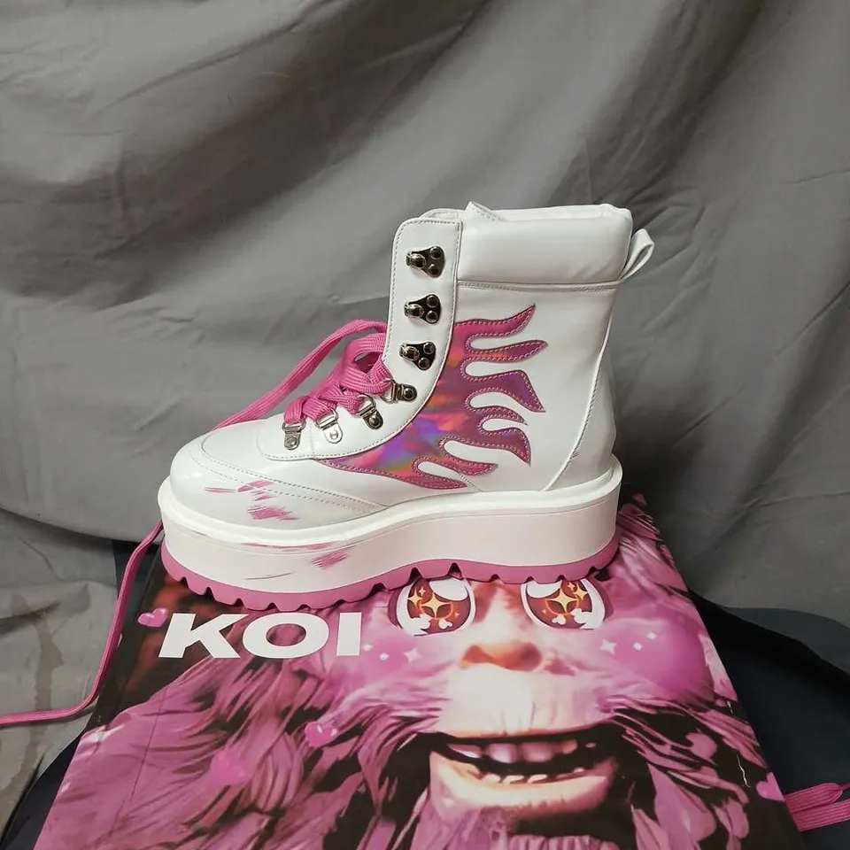 KOI KAWAII HELIOS HOLOGRAM FLAME BOOTS - PINK & WHITE, UK 6