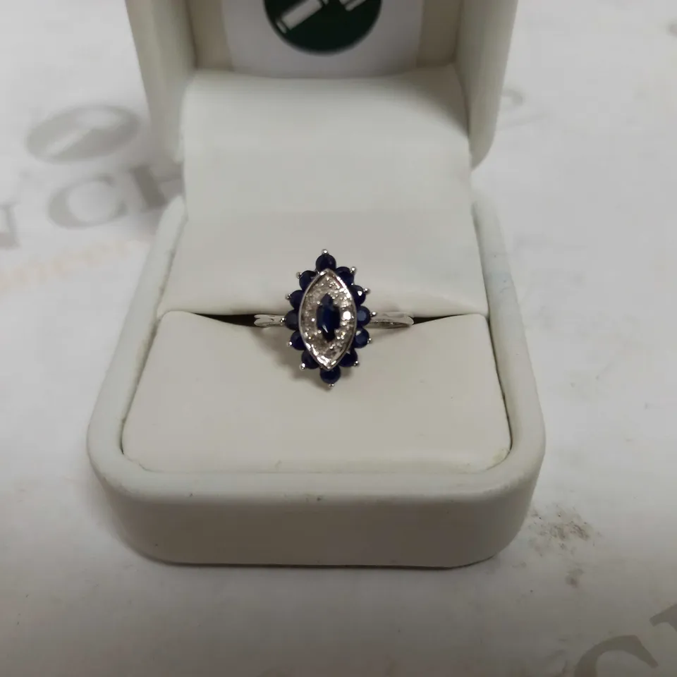 DESIGNER 9CT WHITE GOLD SAPPHIRE AND DIAMOND CLUSTER RING