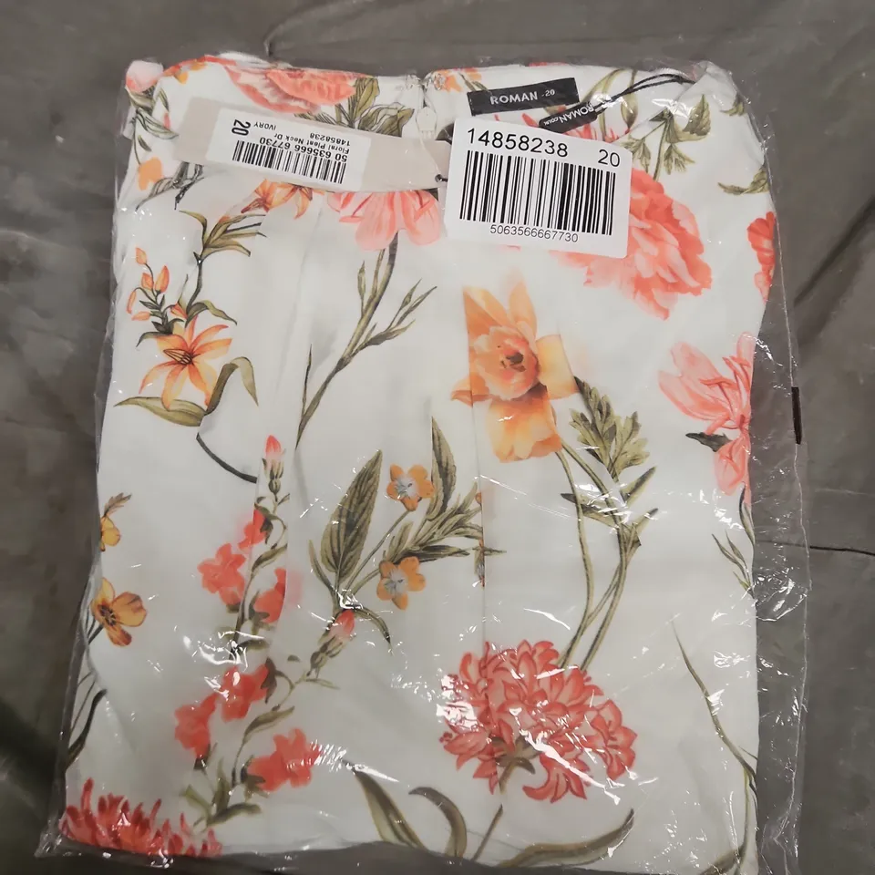 BAGGED ROMAN FLORAL PLEAT NECK DRESS IN FORAL IVORY MULTI - SIZE 20