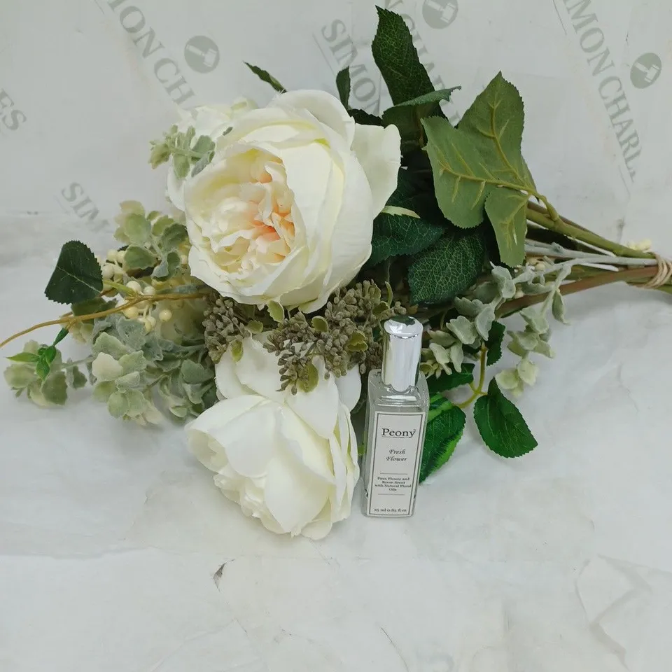 BOXED FAUX FLOWER ARRANGEMENT WHITE WITH VASE AND PEONY FLOWER AND ROOM SCENT