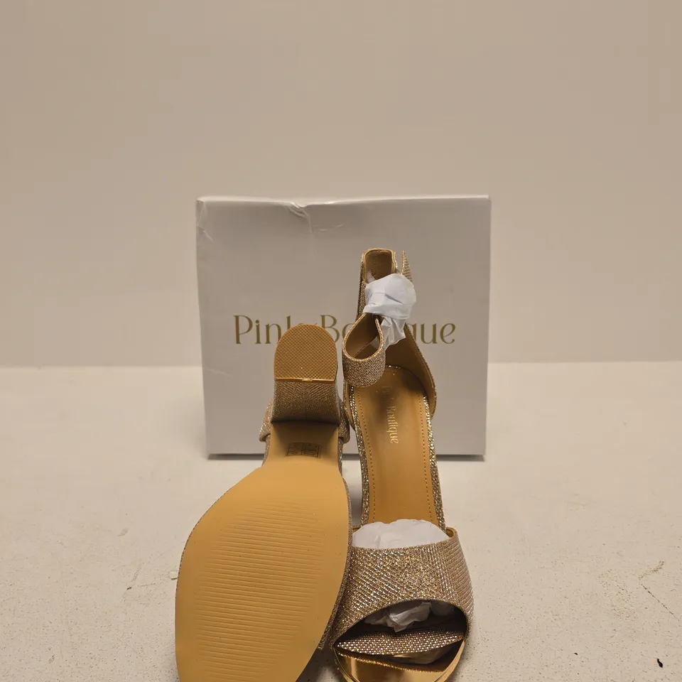 PINK BOUTIQUE GOLD GLITTER HIGH HEEL SANDALS – OPEN TOE, ANKLE STRAP SIZE UK 7