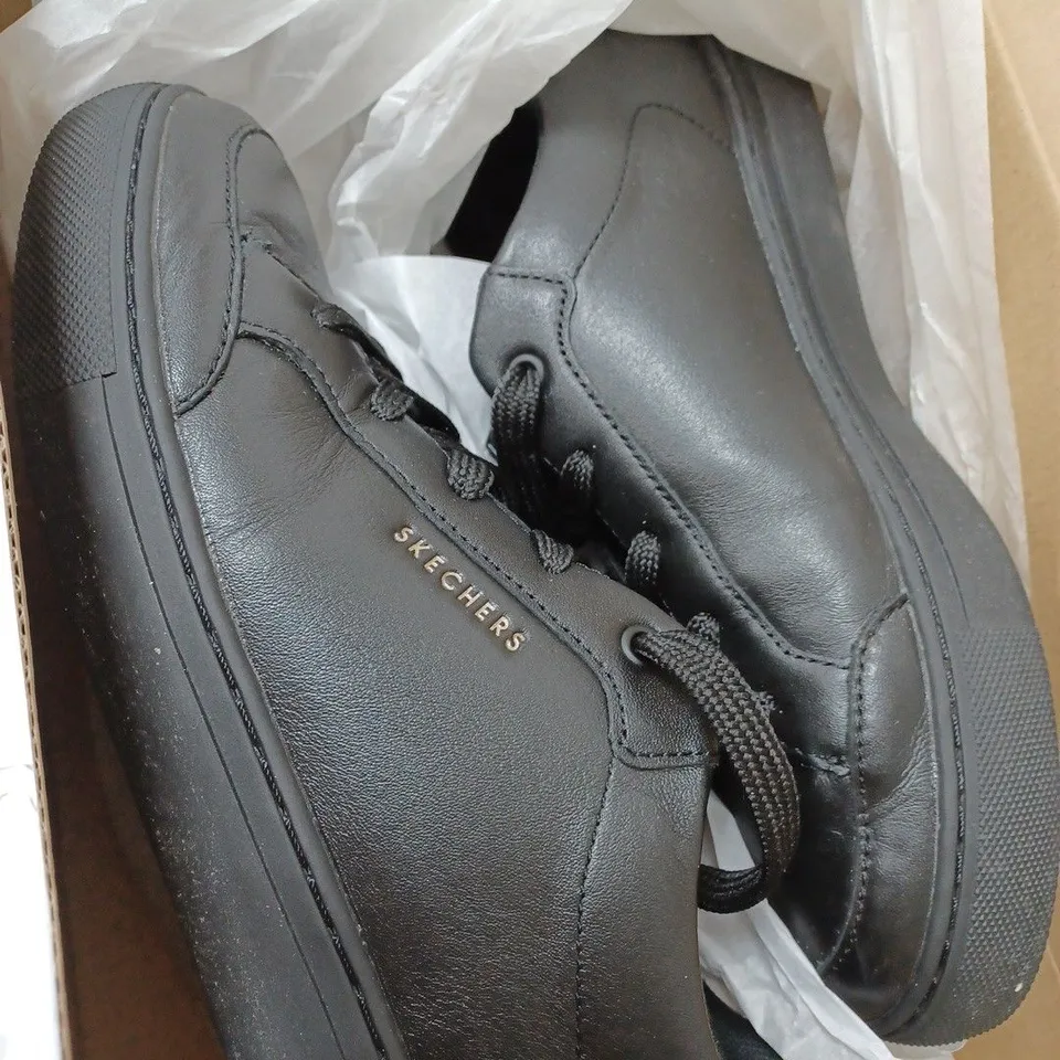 BOXED SKECHERS LEATHER TRAINERS, BLACK - SIZE 5.5
