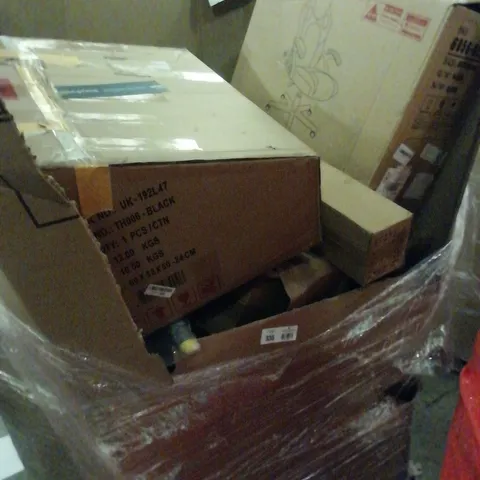 PALLET OF ASSORTED ITEMS INCLUDING, LAWN EDGERS, OFFICE CHAIR, BAR STOOL, BOXED FURNITURE. 